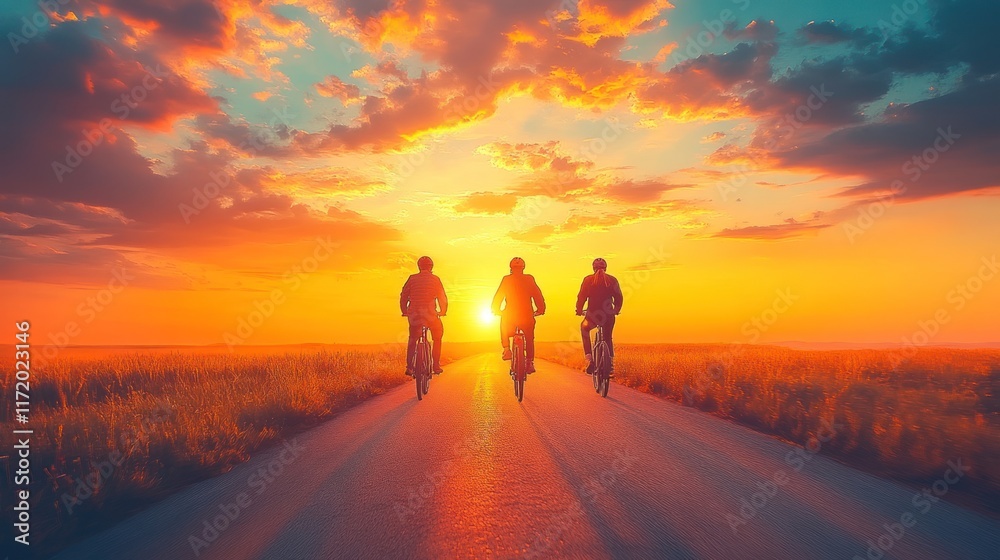 Fototapeta premium Three cyclists on a road at sunset. Golden hour, silhouettes of people on bicycles, golden light, vibrant colors, countryside, travel, adventure