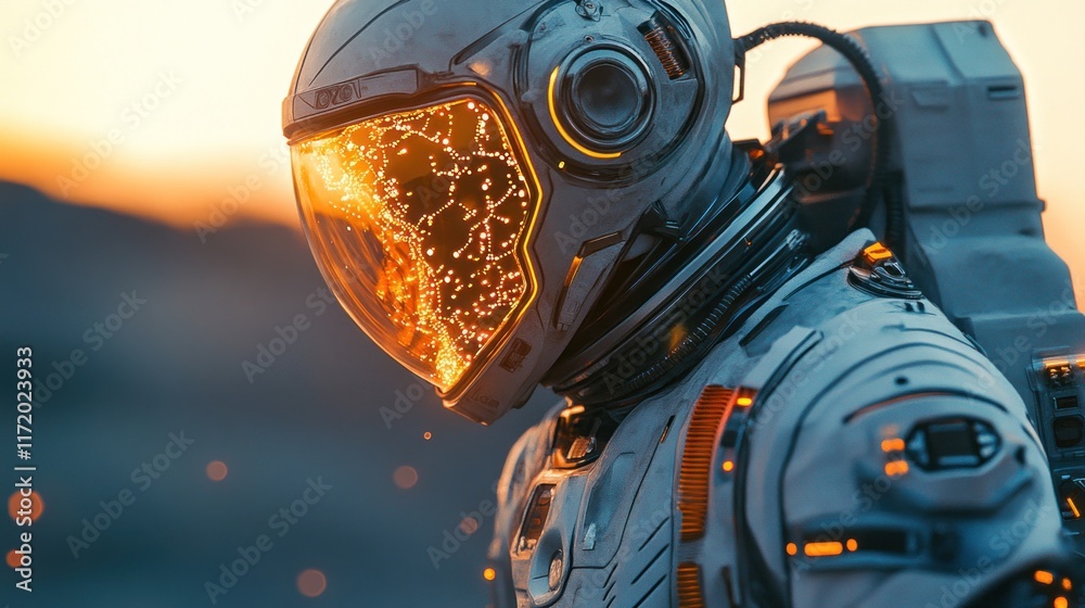 Fototapeta premium Solitary Astronaut at Sunset: A Futuristic Exploration