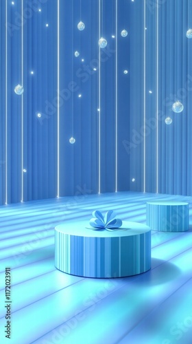 A serene blue-themed setting with gift boxes and soft lighting.