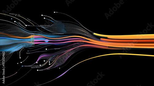 A dynamic Sankey diagram with glowing, flowing paths and multicolored gradients over a sleek black background.