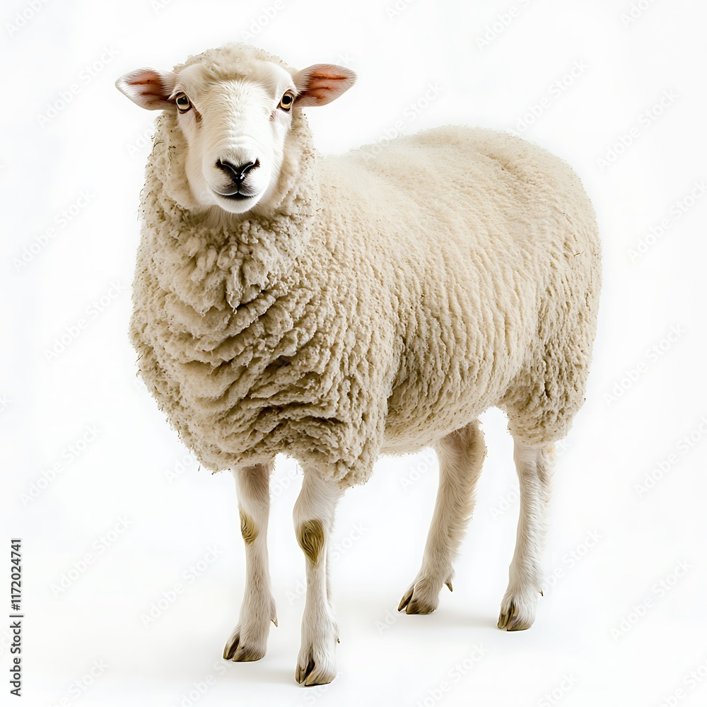 Fototapeta premium Fluffy sheep, farm animal, white background, studio shot.