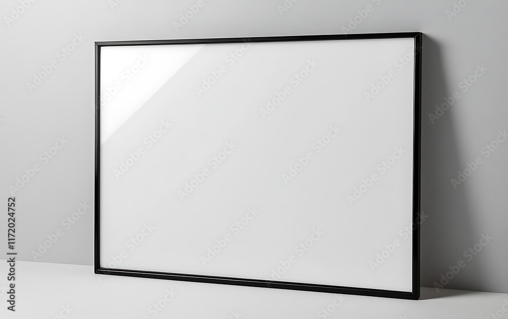 Blank black frame mockup, leaning against wall, studio background, design template.