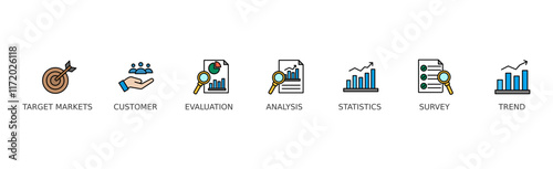 Market research banner web icon vector illustration concept with icon of target markets, customer, evaluation, analysis, statistics, survey and trend