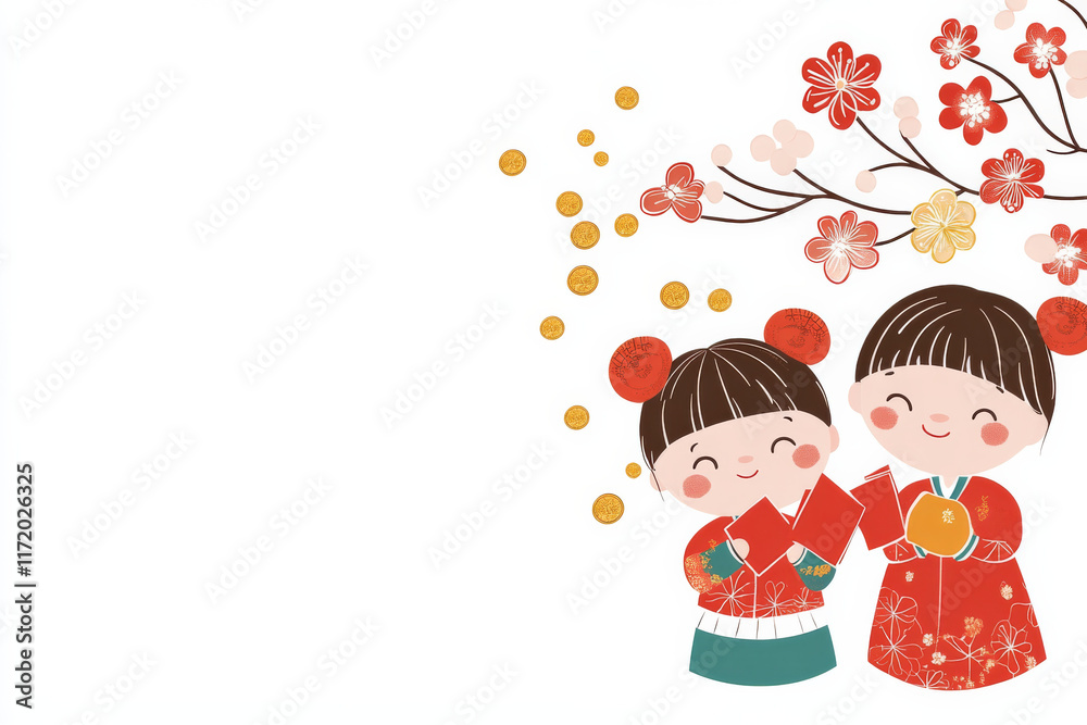 Cheerful children in traditional attire celebrate with coins and flowers, symbolizing joy and prosperity during festive occasion Cheerful children in traditional attire celebrate with coins and flowers, symbolizing joy and prosperity during festive occasion