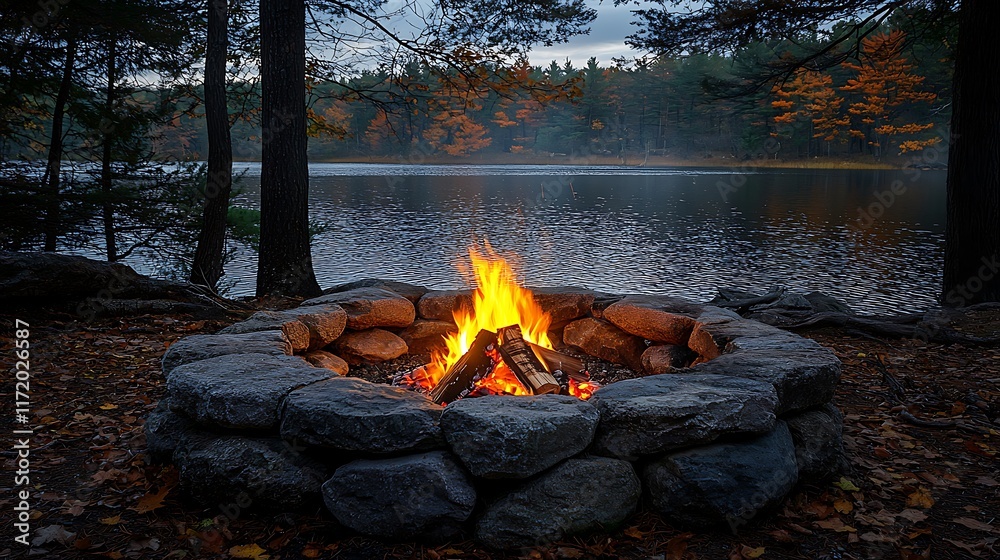 A crackling campfire in a stone fire pit, set against the serene backdrop of a misty lake and autumnal forest at dusk. A crackling campfire in a stone fire pit, set against the serene backdrop of a misty lake and autumnal forest at dusk.