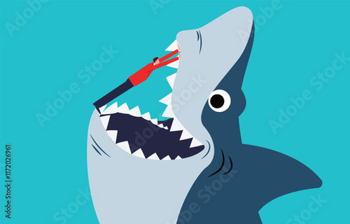 Businessmen caught in a crisis or risk, survival issues, businessmen struggling to resist sharks closing their mouths