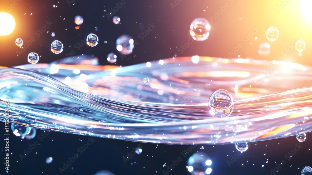 Obraz premium Glimmering Water Surface with Floating Bubbles Reflecting Light Against a Dark Background, Creating an Ethereal and Peaceful Atmosphere