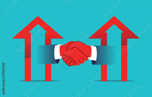 Successful cooperation, cooperation allows both parties to win or grow together, partnership, upward growth of the arrow within the handshake