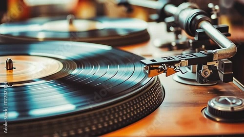 Close-up of a vintage turntable playing a vinyl record. The tonearm is visible, and the record is spinning.