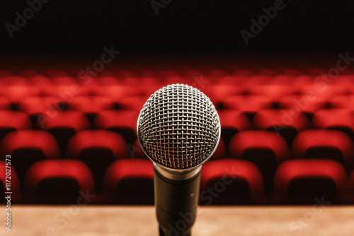 Close up of microphone on stage with blurred red seats in background