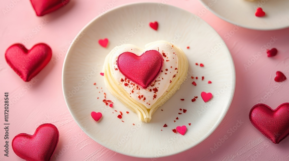 A delightful heart-shaped cake sits elegantly on a plate, adorned with charming red hearts, perfect for celebrating love on Valentine's Day. A delightful heart-shaped cake sits elegantly on a plate, adorned with charming red hearts, perfect for celebrating love on Valentine's Day.