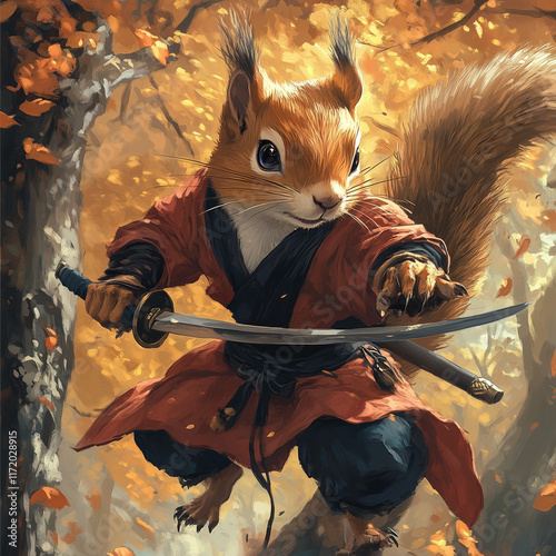 Brave squirrel in ninja clothes in flight with a sword, against the backdrop of a fairy forest, realistic style