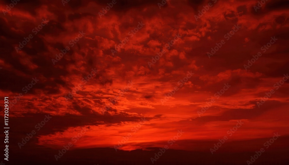 Fototapeta premium Fiery Red Sunset Sky with Dramatic Cloud Formations and Intense Warm Glow, Perfect for Atmospheric Nature Art or Background Concepts