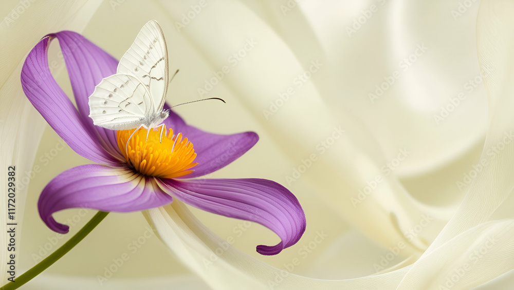 A delicate white butterfly resting softly on the petals of a bright purple flower, creating a serene and colorful contrast. A delicate white butterfly resting softly on the petals of a bright purple flower, creating a serene and colorful contrast.
