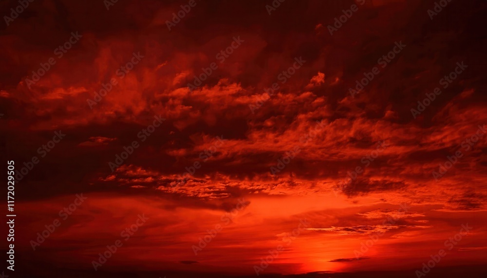 Fiery Red Sunset Sky with Dramatic Cloud Formations and Intense Warm Glow, Perfect for Atmospheric Nature Art or Background Concepts