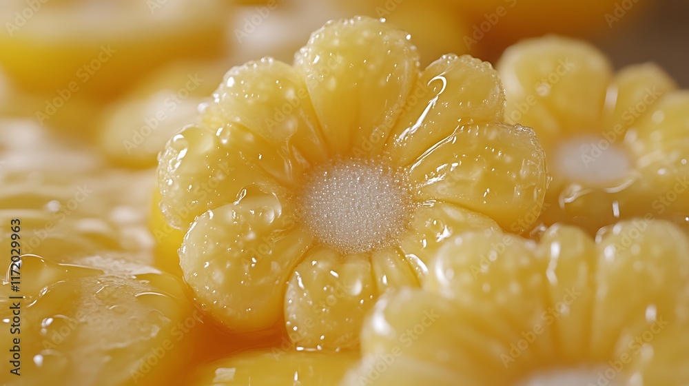 Close-up of fresh, juicy corn kernels arranged like flowers. Close-up of fresh, juicy corn kernels arranged like flowers.