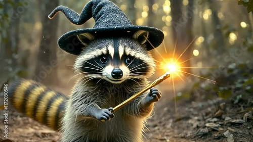 Cute raccoon wizard in a witch hat casts magic in a forest, surrounded by sparkling lights.