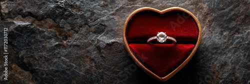 A top view of an engagement ring in a heart-shaped velvet box photo