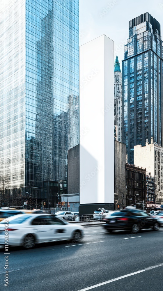 Naklejka premium Blank Billboard Advert Amidst City Skyscrapers