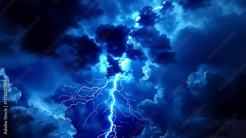 Dramatic blue lightning bolt striking through dark stormy clouds, creating a powerful and intense visual.