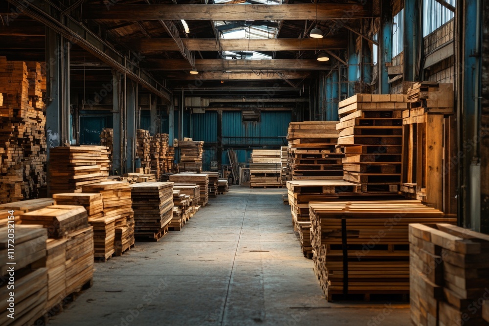 Warehouse with wooden pallets and stacks of materials Warehouse with wooden pallets and stacks of materials