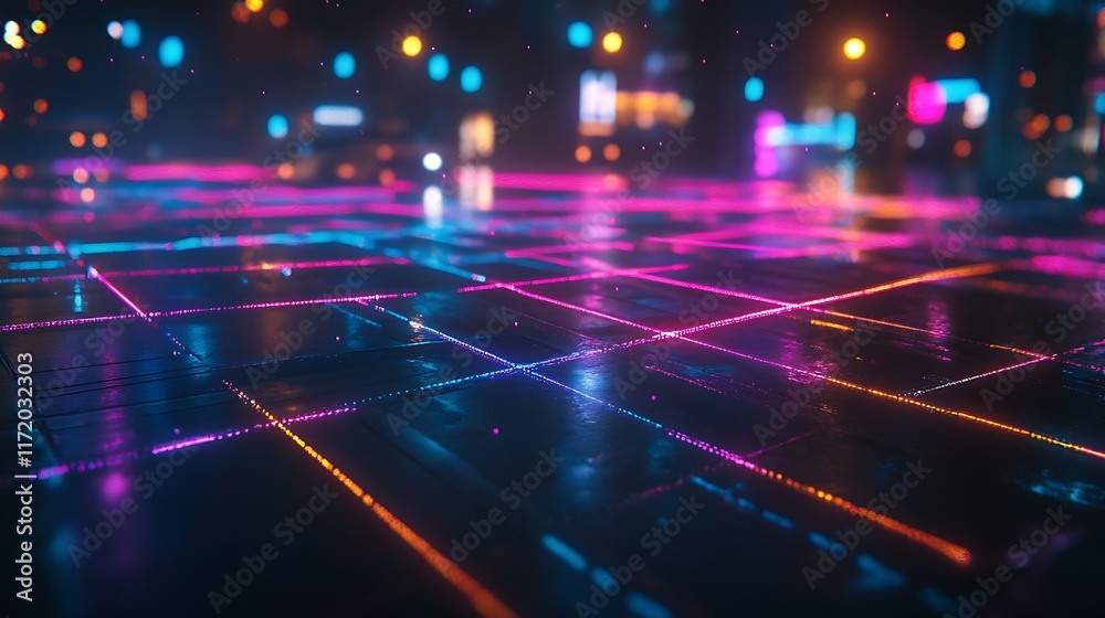 Obraz premium Neon Cityscape Grid Illuminated Night Surface