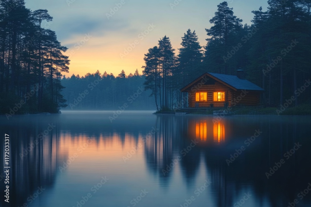 Fototapeta premium Reflection of a wooden lakeside cabin in calm water
