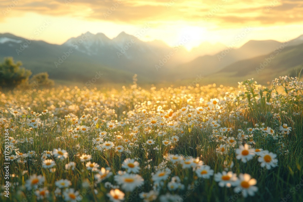 Fototapeta premium Meadow of white flowers with mountains in the background