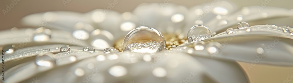 A close-up of a white flower with a water droplet reflecting light. A close-up of a white flower with a water droplet reflecting light.