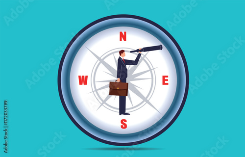Looking for direction or opportunity, looking for the right path or the path to success, the businessman standing with binoculars inside a compass looking into the distance