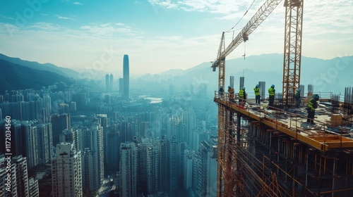 Construction workers overlooking urban skyline high rise building site aerial view modern city industry development