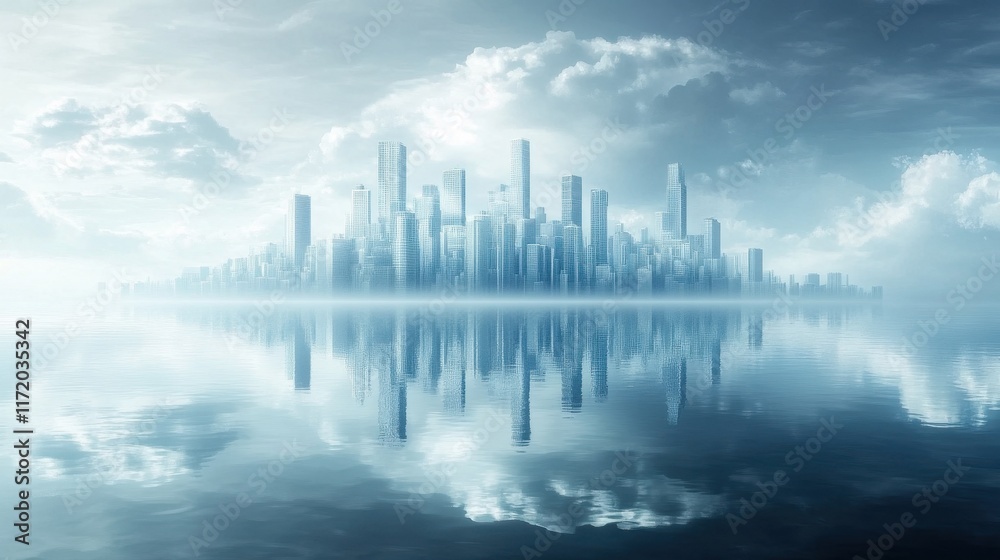 Fototapeta premium Futuristic urban landscape reflection serene water body digital art calm environment aerial view modern city concept