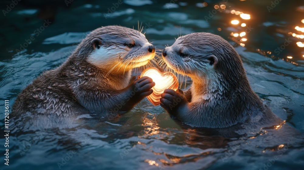 Obraz premium Two otters holding a glowing heart-shaped shell together while floating on water