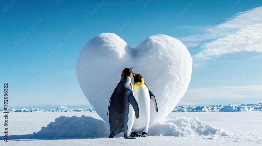 Obraz premium Two penguins cuddling next to a heart-shaped snow sculpture
