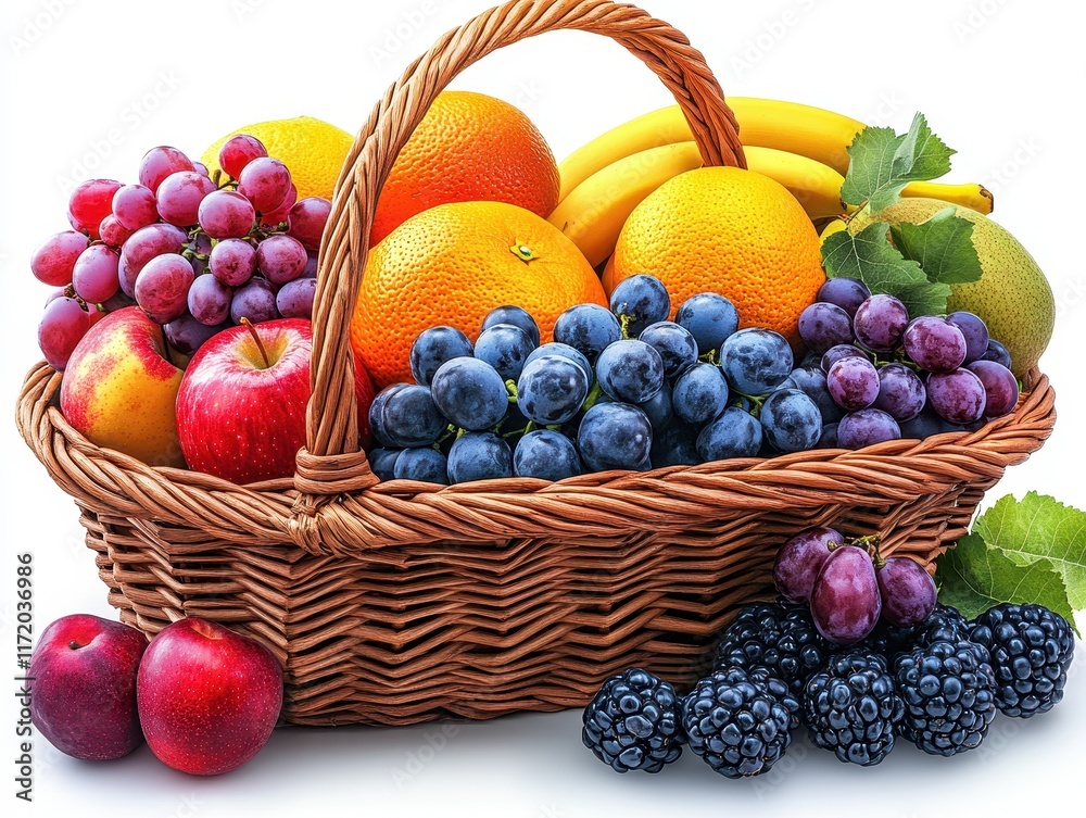 A vibrant fruit basket featuring assorted fresh fruits. A vibrant fruit basket featuring assorted fresh fruits.