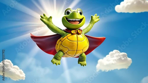 Happy cartoon turtle superhero in red cape flying in blue sky with white clouds.