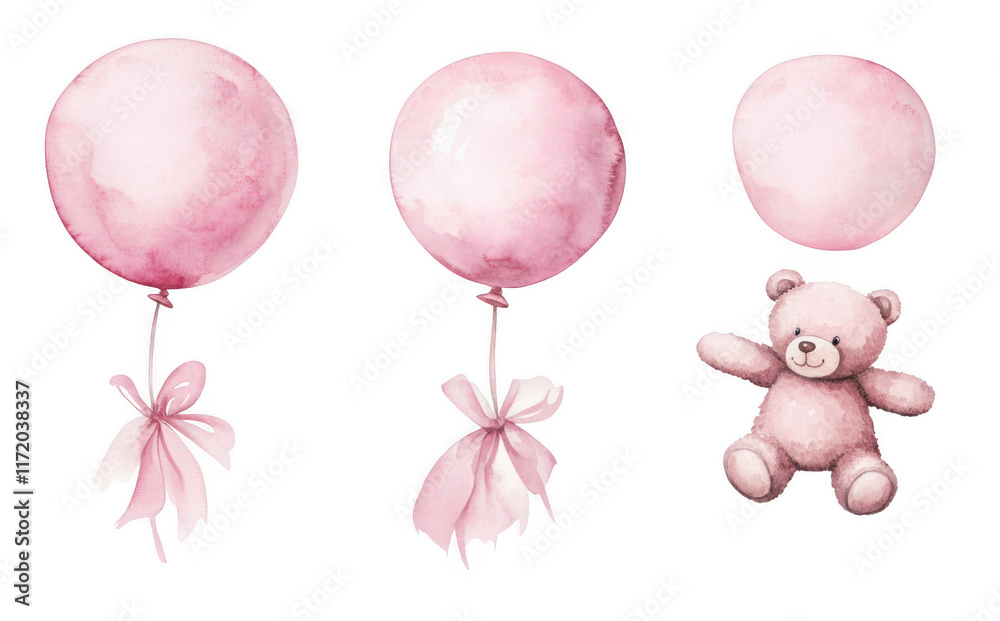 Naklejka premium Watercolor illustration of pink balloons and cute teddy bear, perfect for playful and whimsical design. soft pastel colors add charming touch to any project