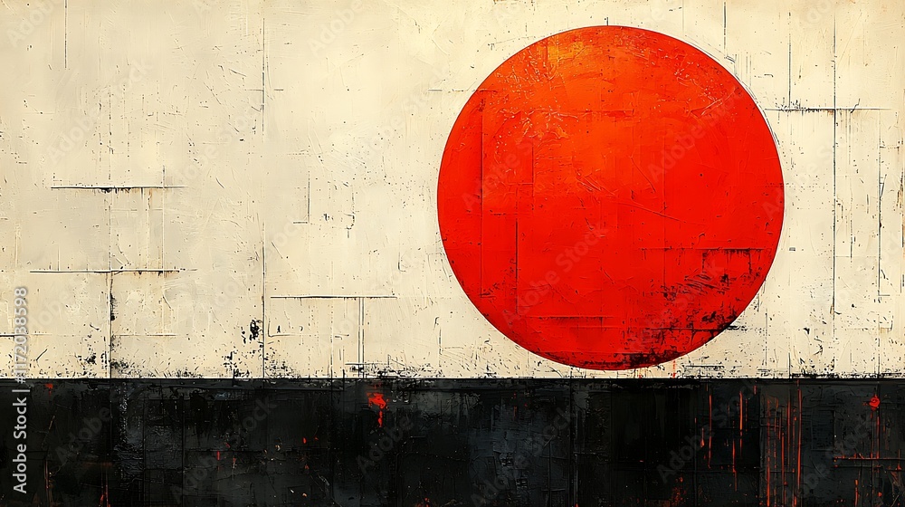 Naklejka premium Abstract painting of a large red circle on a textured off-white background with a black bottom border.