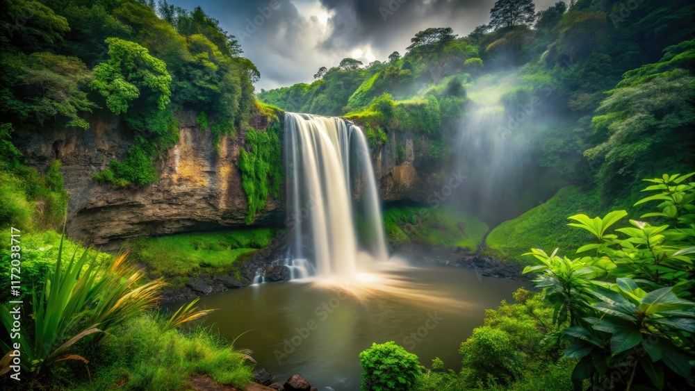 Naklejka premium Lush Kauai's Wailua Falls cascade, a long exposure capturing its vibrant, verdant beauty.