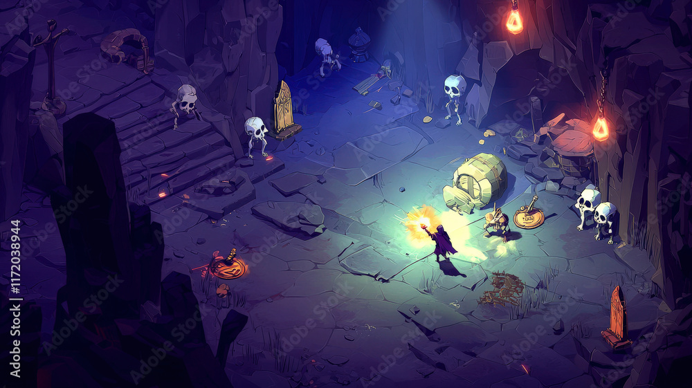 Fototapeta premium A fantasy game scene where a mage casts a radiant spell, lighting up a dark cavern filled with ancient treasure, glimmering gold, and eerie skeletons lurking in the shadows.