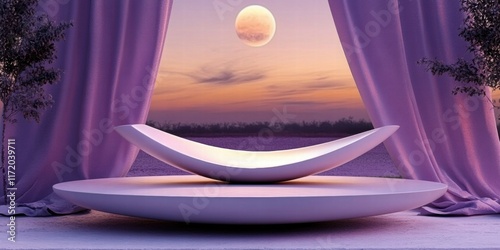 A serene setting with a minimalist design, featuring a curved platform under a moonlit sky.