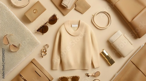 Stylish Beige Flat Lay with Fashion Accessories and Clothing Items