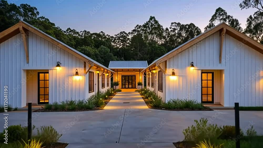 Modern farmhouse illuminated at dusk. Pathway leads to a central entry between two white-sided buildings with black windows, surrounded by lush landscaping and exterior lighting. Modern farmhouse illuminated at dusk. Pathway leads to a central entry between two white-sided buildings with black windows, surrounded by lush landscaping and exterior lighting.