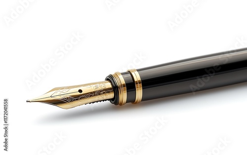 Elegant fountain pen, gold nib, white background, writing instrument, office supply. photo