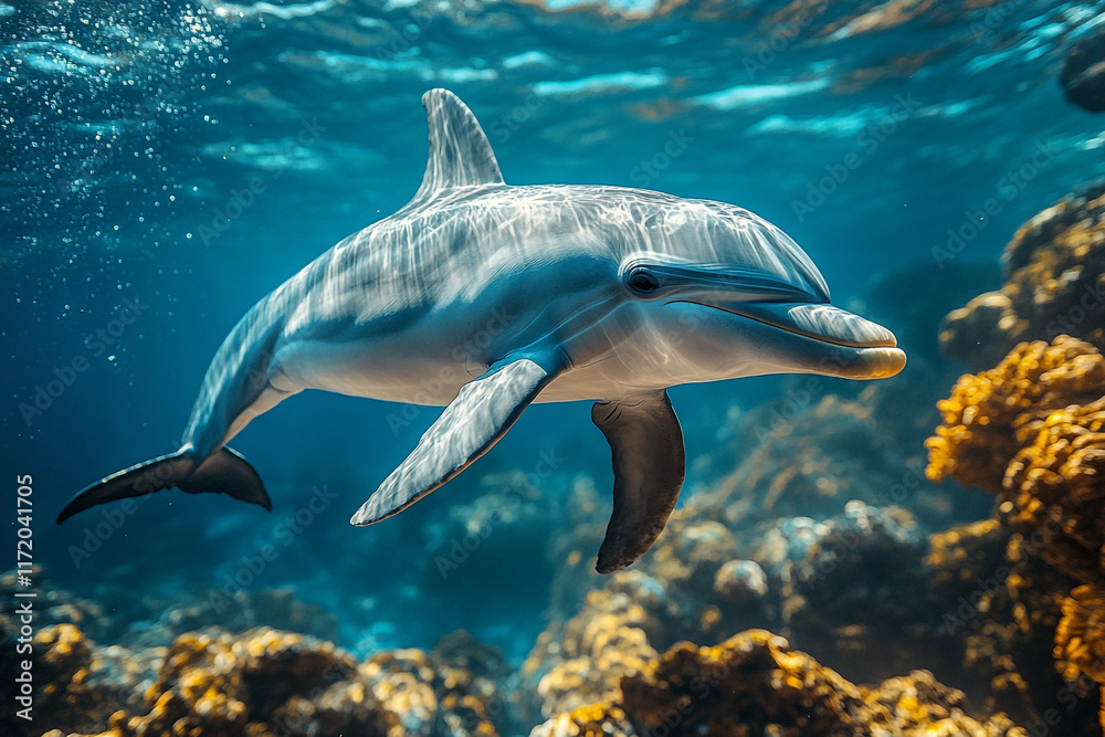 Fototapeta premium Dolphin swimming gracefully in vibrant ocean water