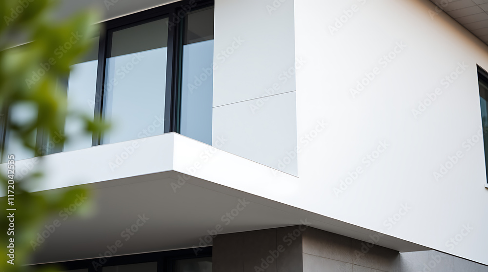 Fototapeta premium A close-up view of a modern building's exterior. White walls and a cantilevered balcony with black-framed windows are prominent. Part of a green plant is visible in the foreground, out of focus.