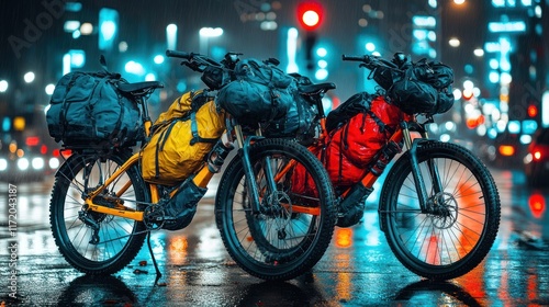 Two loaded bicycles parked on a wet city street at night, under a traffic light. photo