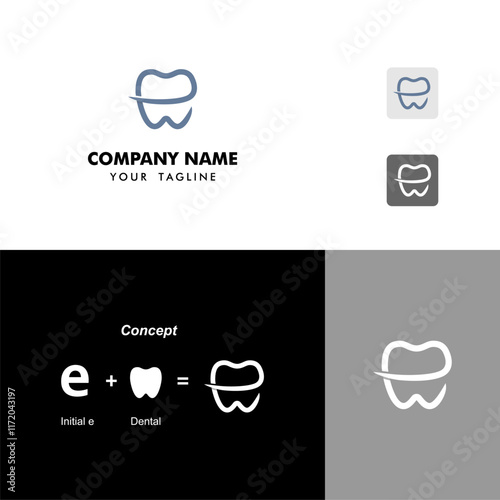 The dentist company logo is formed from the initial letter e, combined with the shape of a tooth in a linear style