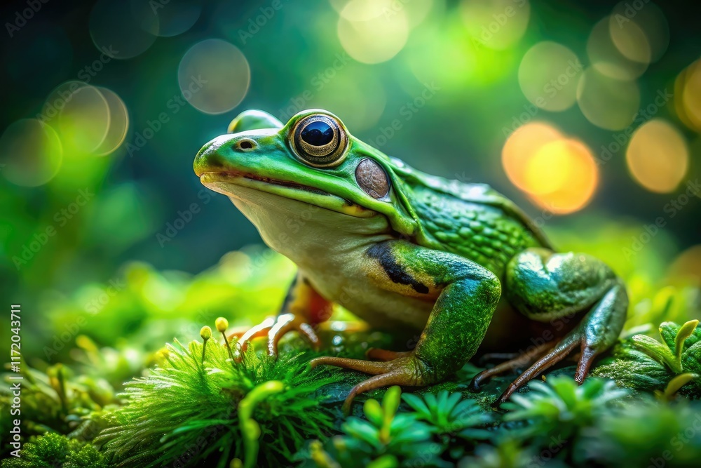 Macro close-up: a green frog, sharply focused, showcases vibrant amphibian detail in nature. Macro close-up: a green frog, sharply focused, showcases vibrant amphibian detail in nature.