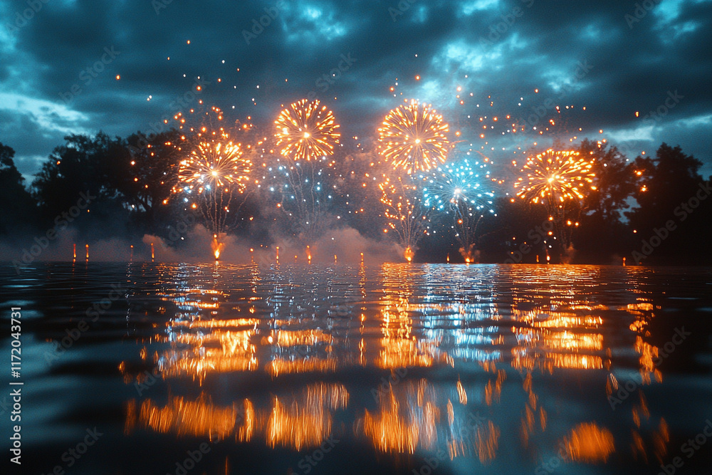 Fireworks Display Reflected Over Calm Water At Night